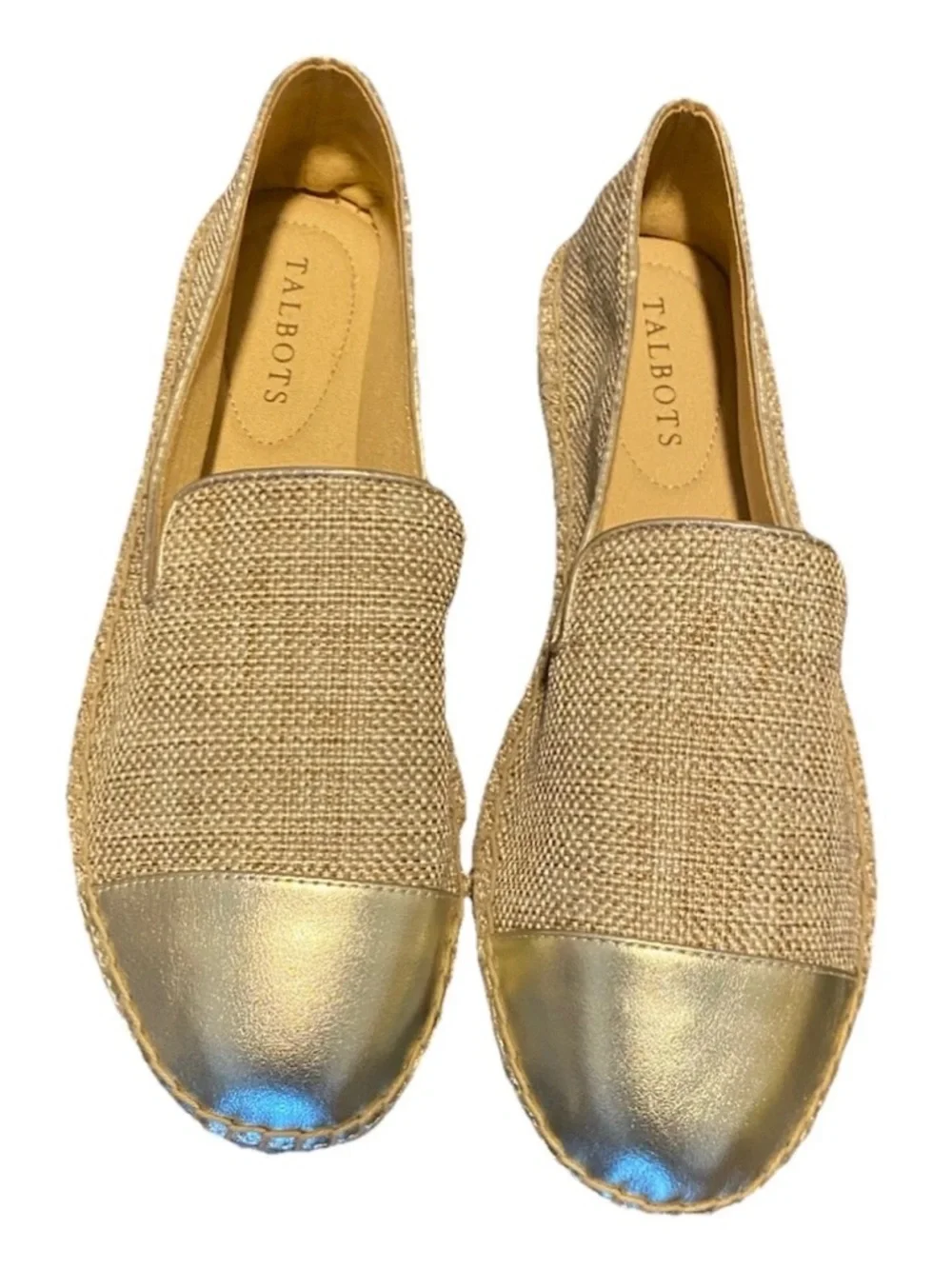 Talbots Size 8 New Izzy Tan Gold Espadrilles Linen Metallic Slip On Flat Shoes